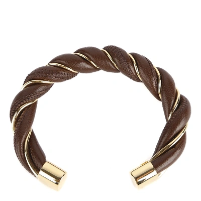 Bottega Veneta Rigid Bracelet In Silver And Nappa Leather In Brown,gold
