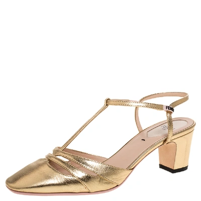 Pre-owned Fendi Metallic Gold Leather T Strap Block Heel Sandals Size 36