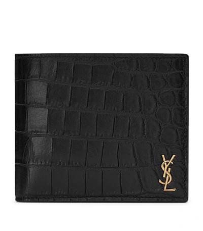 Saint Laurent Croc-embossed Leather Monogram Card Holder In Black
