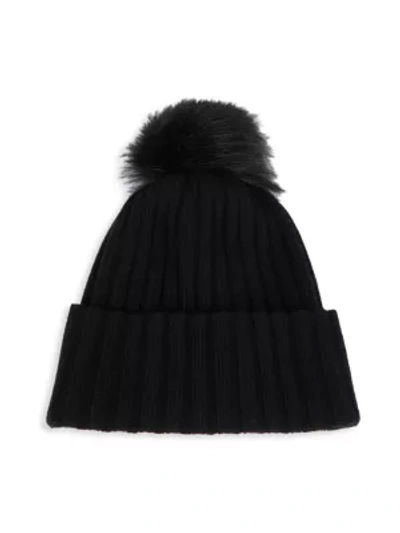 Portolano Faux Fur Pom-pom Ribbed Cashmere Beanie In Black