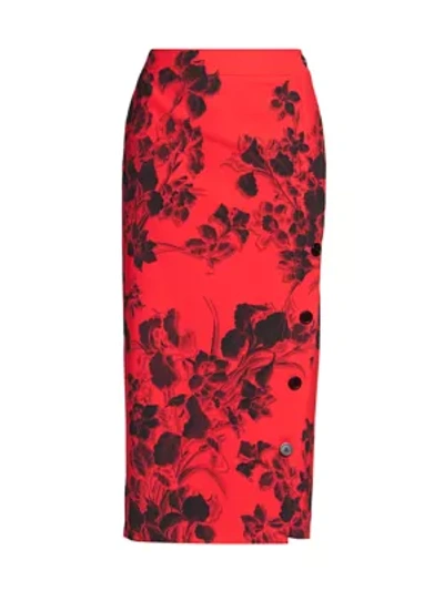 Balenciaga Buttoned Side Slit Floral Pencil Skirt In Red