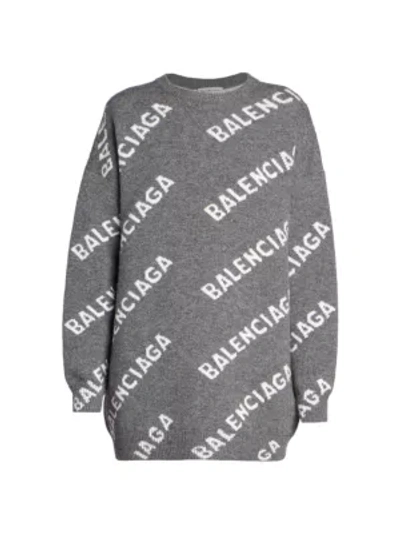 Balenciaga Logo Intarsia Wool-blend Knit Crewneck Sweater In Dark Grey/white