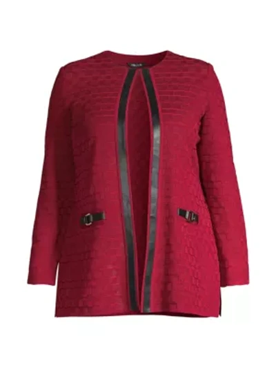 Misook, Plus Size Women's Faux Leather Trim Grid Knit Jacket In Rapture Red