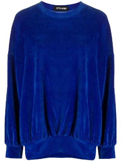 Styland Velvet Crew Neck Sweatshirt In Blue