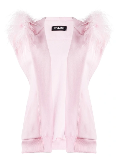 Styland Feather-trim Sleeveless Jacket In Pink