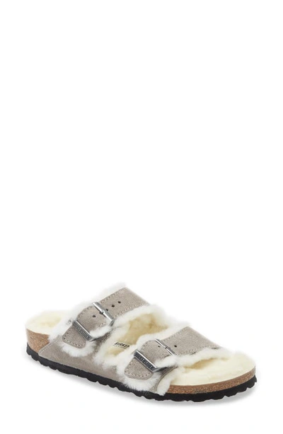 Birkenstock Arizona Soft Footbed Suede Leather Shearling Stone Coin Grey Narrow Fitting Sandals