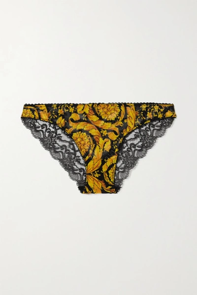 Versace Printed Stretch-mesh And Lace Briefs In Brown