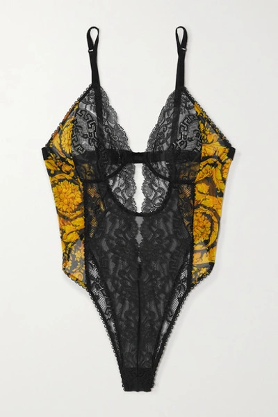 Versace Printed Stretch-mesh And Lace Underwired Thong Bodysuit In Black