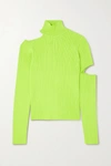 ANDERSSON BELL JESSICA EMBELLISHED CUTOUT NEON CABLE-KNIT TURTLENECK SWEATER