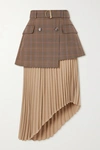 ANDERSSON BELL BELLA ASYMMETRIC LAYERED CHECKED WOOL-BLEND AND PLEATED CREPE SKIRT