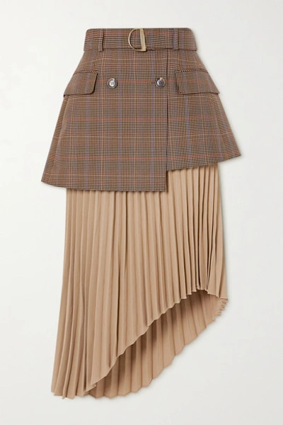 Andersson Bell Bella Asymmetric Layered Checked Wool-blend And Pleated Crepe Skirt In Beige