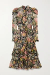 ZIMMERMANN LADYBEETLE BELTED TIERED FLORAL-PRINT SILK-GEORGETTE MIDI DRESS