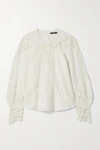 ISABEL MARANT EMMETT GUIPURE LACE-TRIMMED EMBROIDERED LINEN BLOUSE