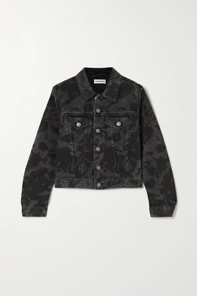 Balenciaga Floral Print Back Logo Fitted Denim Jacket In Black