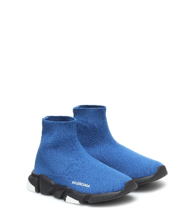 Balenciaga Kid's Speed Lt Stretch-knit High-top Sneakers In Blue