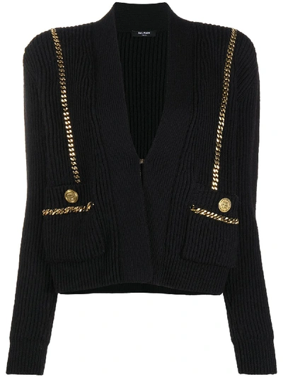 Balmain Women's Chain-trimmed Wool Knit Cardigan In Black