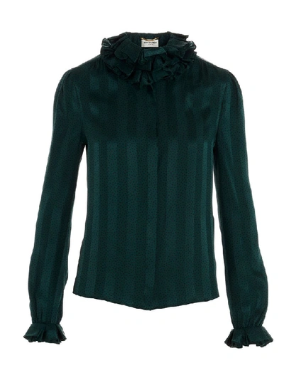 Saint Laurent Ruffled Striped Silk-satin Blouse In Black