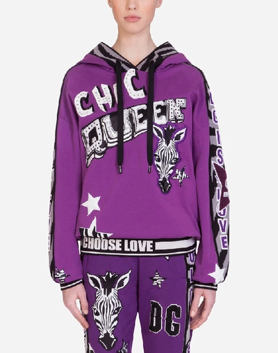 Dolce & Gabbana Jersey Hoodie With Zebra Jungle Sport Print In Purple