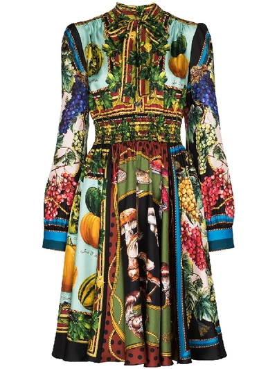 Dolce & Gabbana Midi Dress In Twill With Autumn Print In Green