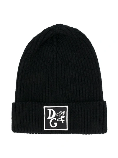 Dolce & Gabbana Kids' Ribbed Wool Hat With D&g Patch In Black