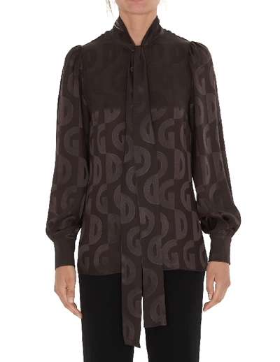 Dolce & Gabbana Pussy-bow Logo-jacquard Silk-satin Blouse In Brown