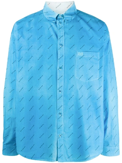 Balenciaga All-over Logo Print Cotton Shirt In Blue