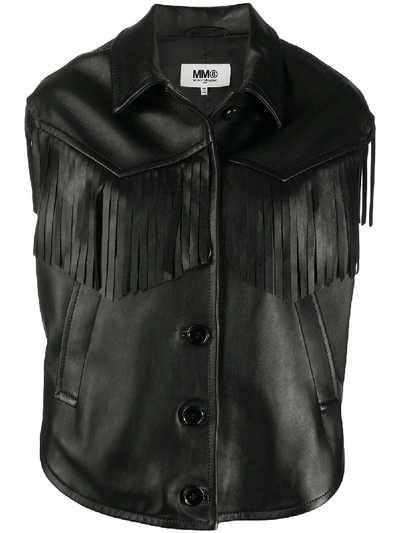 Mm6 Maison Margiela Fringed Sleeveless Leather Jacket In Black