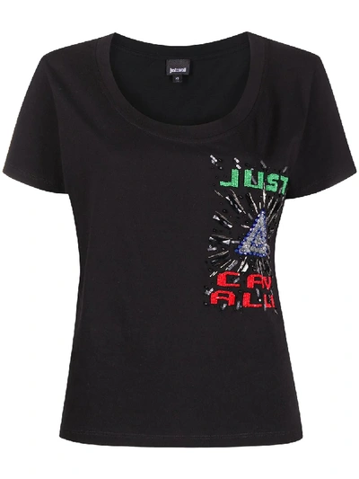 Just Cavalli Beaded Logo Cotton T-shirt In Black