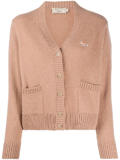 Maison Kitsuné Embroidered Logo V-neck Cardigan In Brown
