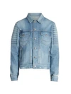 Balmain Embossed Distressed Moto Denim Jacket In Blue