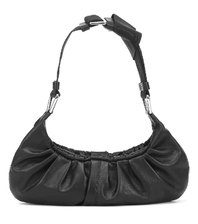 Ganni Ruched Leather Shoulder Bag In Black
