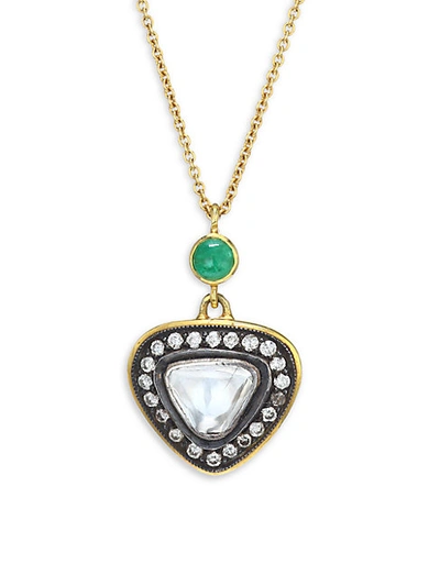 Amrapali 18k Yellow Gold, Sterling Silver, Emerald & Diamond Pendant Necklace