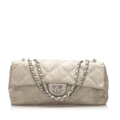 Pre-owned Chanel Classic East West Ultra Stitch Snake Skin Single Flap Bag In Grey