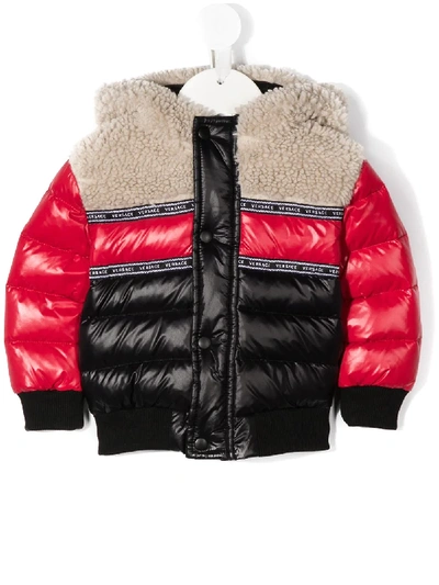 Young Versace Babies' Faux Shearling-panelled Colour-block Puffer Coat In Black