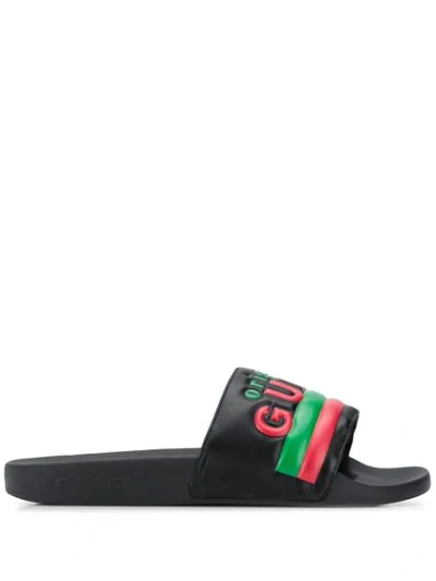 Gucci Original  Logo Leather And Rubber Slides In Black