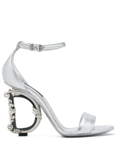 Dolce & Gabbana Nappa Mordore Sandals With Baroque Dg Heel In Silver