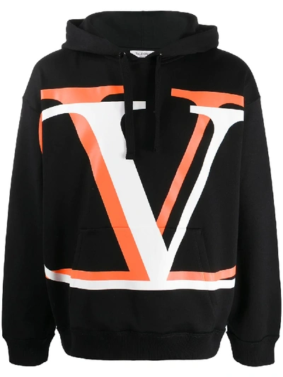 Valentino V Logo连帽衫 In Nero/logo Bianco/ombra Orange Fluo