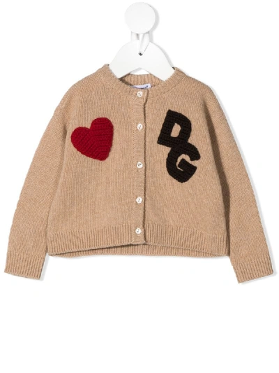 Dolce & Gabbana Babies' Wool Cardigan With Dg Patch Embellishment In Neutrals