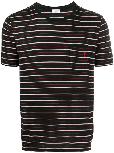 Saint Laurent Embroidered Logo Striped T-shirt In Black,red,white