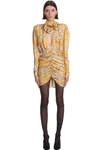 Magda Butrym Belted Ruched Floral-print Silk-satin Jacquard Mini Dress In Yellow