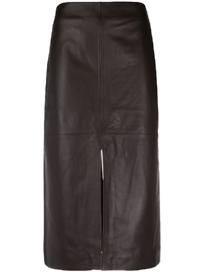 Co Split Lambskin Leather Pencil Skirt In Brown