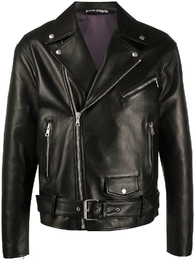 Palm Angels Logo Print Zipped Leather Jacket In Black