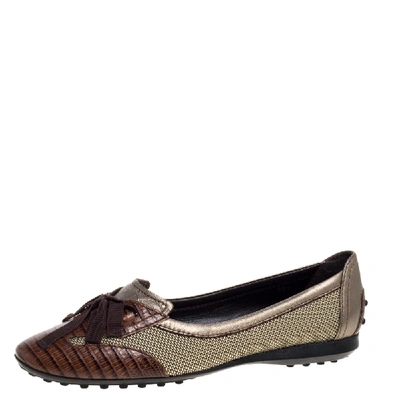 Pre-owned Tod's Multicolor Leather Fabric And Lizard Embossed Leather Lace Bow Ballet Flats Size 38.5
