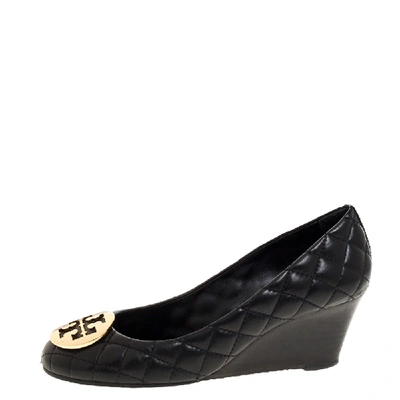 Pre-owned Tory Burch Black Quilted Leather Quinn Wedge Pumps Size 37.5