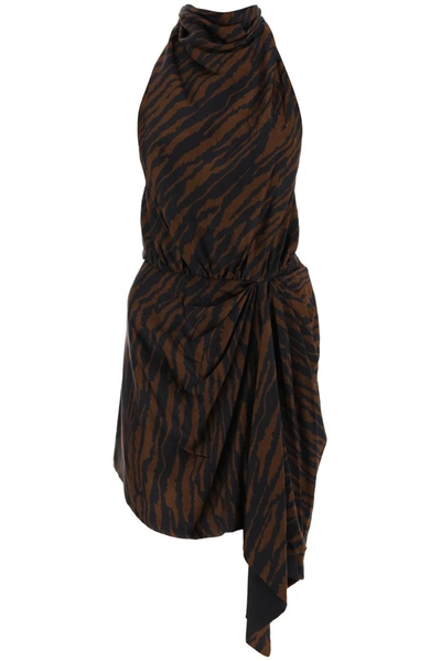 Attico Tiger-print Halterneck Dress In Brown,black