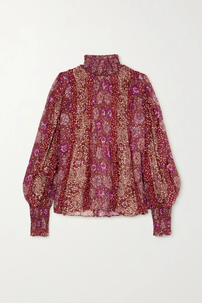 Ulla Johnson Elita Ruffled Floral-print Fil Coupé Silk-blend Blouse In Burgundy