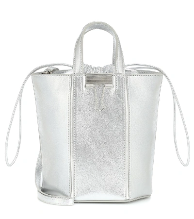 Off-white Small Metallic Leather Bucket Bag In Silver