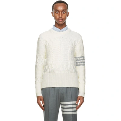 Thom Browne Stripe Aran Cable-knit Merino Wool Sweater In White