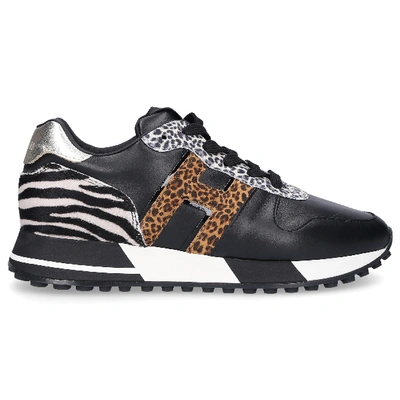 Hogan H383 Sneaker In Black Leather With Animalier Inserts
