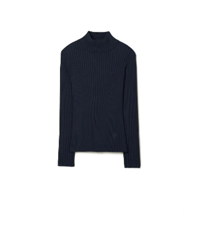 Tory Sport Ribbed Soft Tech Knit Turtleneck In Navy Blue